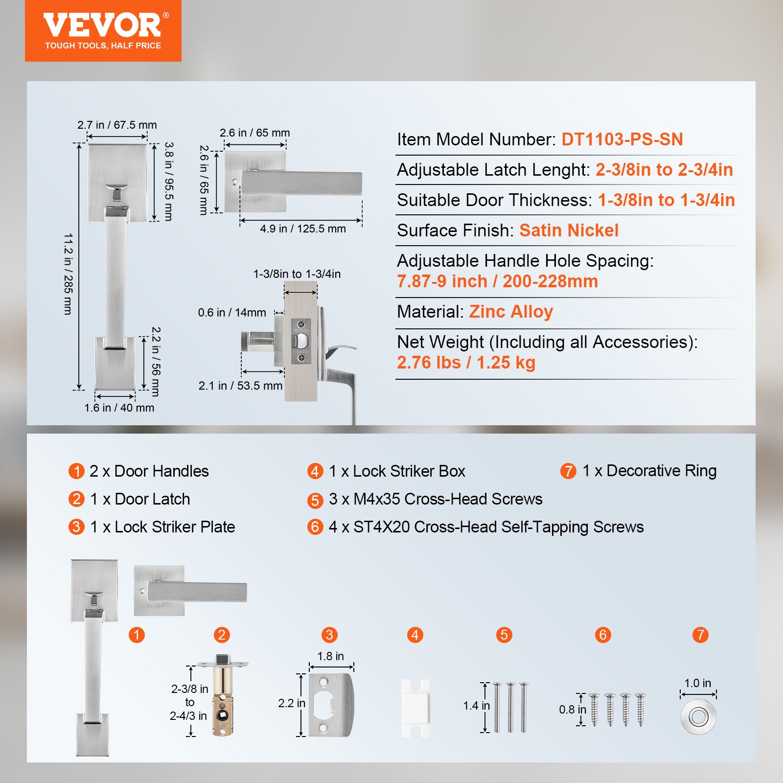 VEVOR Vordertürgriff Drückergarnitur Türdrücker 2-3/8 Zoll bis 2-3/4 Zoll Türdrückergarnitur aus Zinklegierung, Türbeschläge Türgriff Türklinke 1-3/8 Zoll bis 1-3/4 Zoll Geeignete Türstärke