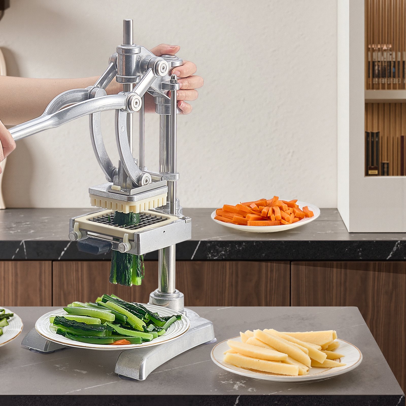 VEVOR kommerzieller Pommes-Frites-Schneider, Gemüseschneider Obstschneider Edelstahl mit 3 Ersatzklingen (12,7/9,525/6,35 mm) und einer Entsafterklinge, manueller Kartoffelschneider Pommesschneider