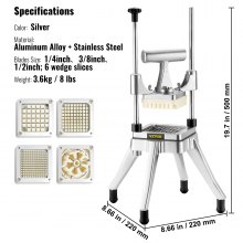 VEVOR Kommerziell Kartoffelschneider Pommes Frites Schneider 1/2 + 3/8 + 1/4 Zoll + 6 Keile, Frittenschneider Gemüseschneider Zerkleinerer Obstschneidemaschine mit 6 Ersatzklingen, Edelstahl Zerhacker