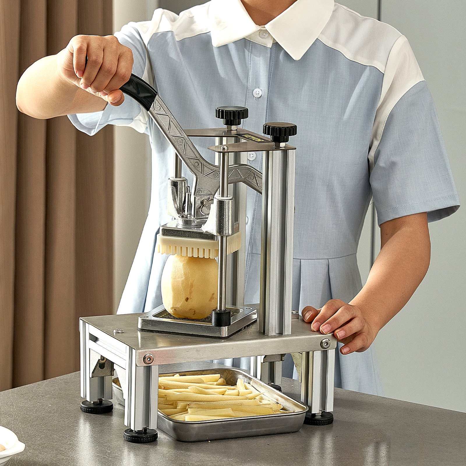 VEVOR Kartoffelschneider Pommes Frites Schneider 1/4 + 0,95cm, Frittenschneider Gemüseschneider Kommerzieller Zerkleinerer Obstschneidemaschine mit 2 Ersatzklingen, Edelstahl Zerhacker Salat, Früchte