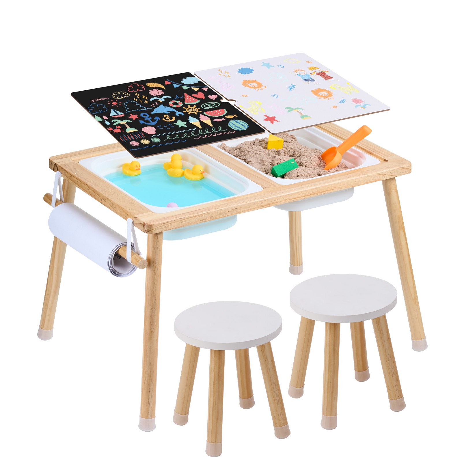 VEVOR Sensorisches Tischset Aktivitätstisch Kindersitzgruppe und Sand-und Wasserspieltisch mit 2 Hockern & 2 Aufbewahrungsbehältern & Papierrollenhalter, Kindertisch Holz – Geschenk für Kinder