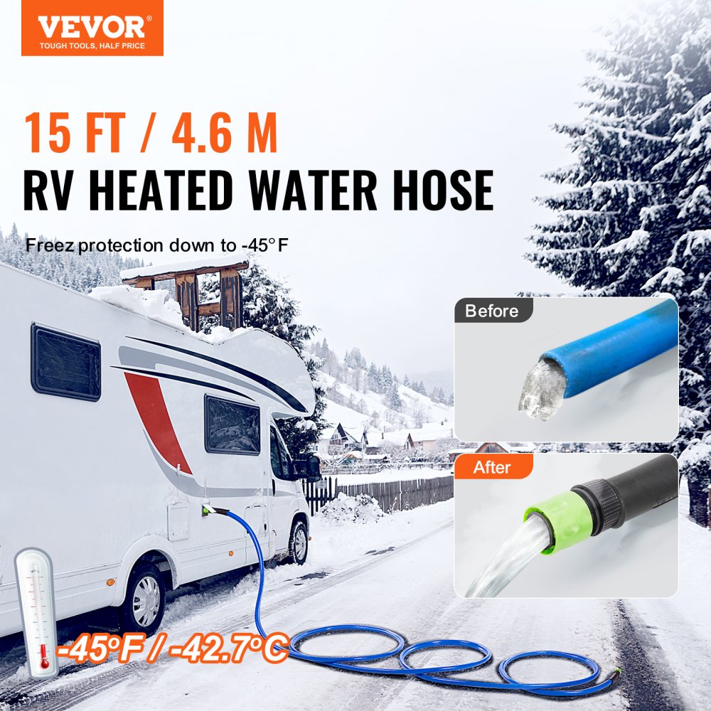 VEVOR 15ft Heated Water Hose for RVs, Heated Drinking Water Hose with Frost Protection down to -45°F, Automatically Self-Regulating, 5/8" ID with Quick-Connect Kit, Lead and BPA Free