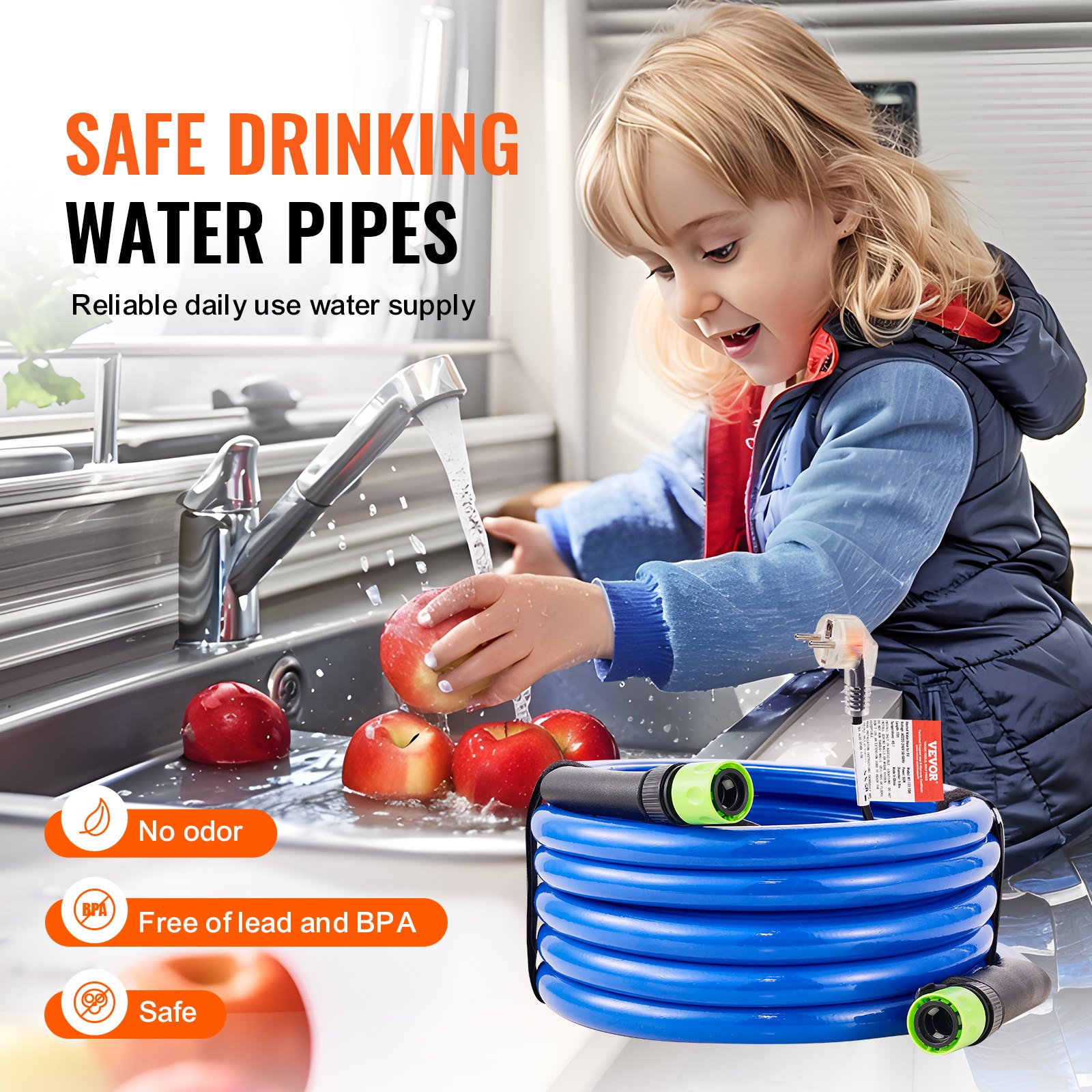 VEVOR 15ft Heated Water Hose for RVs, Heated Drinking Water Hose with Frost Protection down to -45°F, Automatically Self-Regulating, 5/8" ID with Quick-Connect Kit, Lead and BPA Free