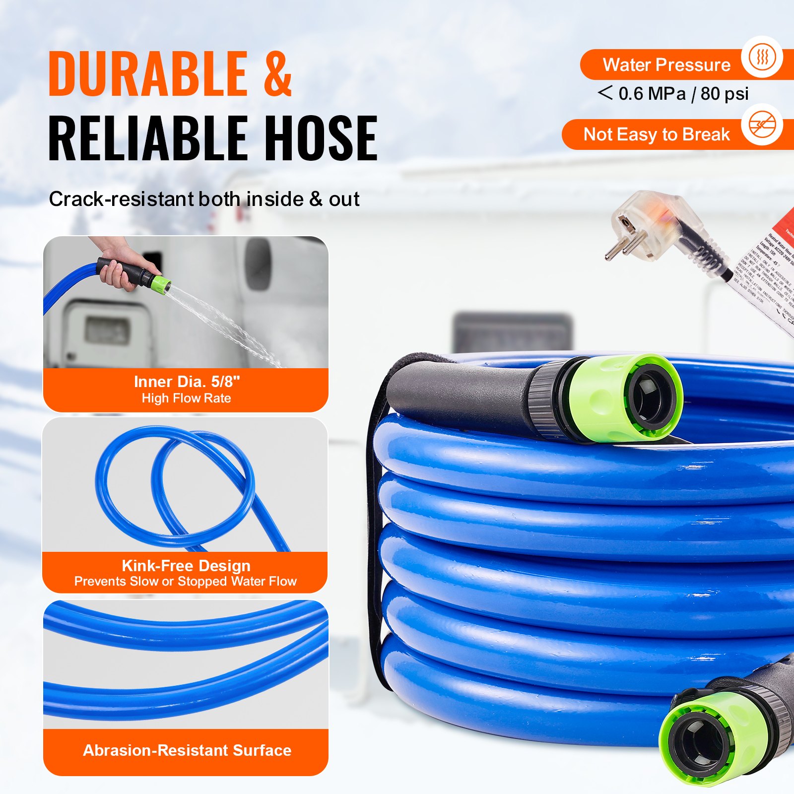 VEVOR 15ft Heated Water Hose for RVs, Heated Drinking Water Hose with Frost Protection down to -45°F, Automatically Self-Regulating, 5/8" ID with Quick-Connect Kit, Lead and BPA Free