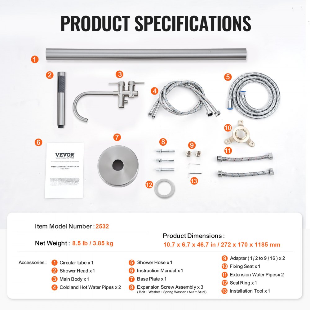 VEVOR Freistehende Badewannenarmatur mit Handbrause, Klassisch Badewannen Armaturen Set Rund, Silberner Badewannenhahn 1,61 GPM Durchfluss, Messing Wasserhahn Duschsystem Duscharmatur