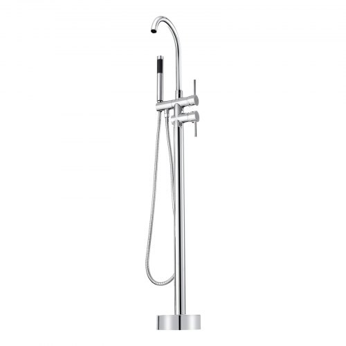 Freistehender Badewannen-Wasserhahn Mit Handbrause – Gebürstetes Nickel, Bodenmontage, Aus Messing, Hoher Durchfluss
