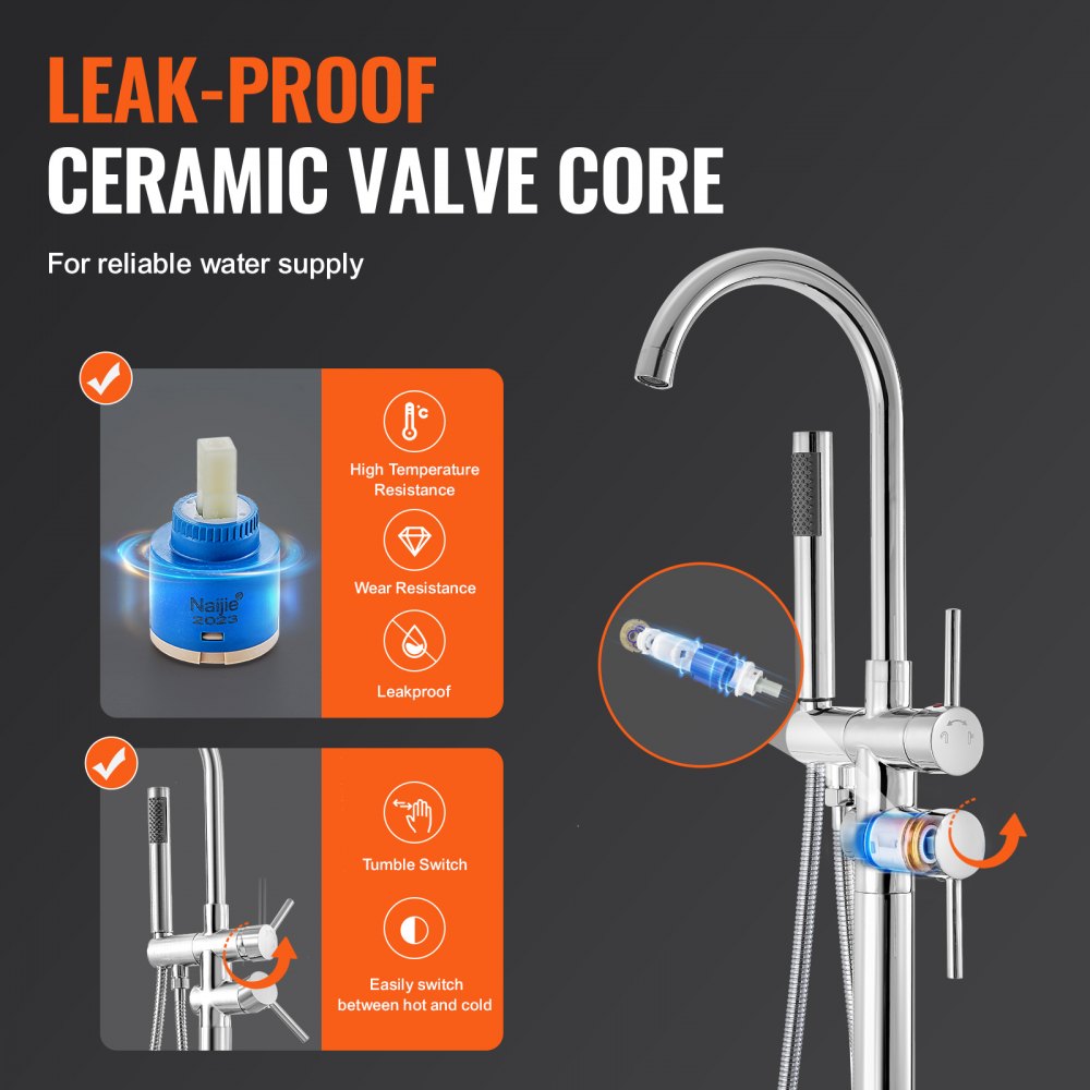 VEVOR Freistehende Badewannenarmatur mit Handbrause, Klassisch Badewannen Armaturen Set 98 cm Hohe, Silberner Badewannenhahn 1,61 GPM Durchfluss, Badewanne Wasserhahn Duschsystem Duscharmatur