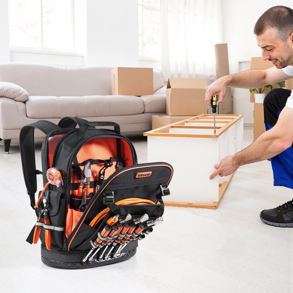 VEVOR Werkzeugrucksack, 64 Taschen, Werkzeug-Aufbewahrungs-Organizer, Backpack mit Laptopfach & geformtem Boden, Baustellenrucksack für Elektriker, Reparaturarbeiter & Heizungstechniker