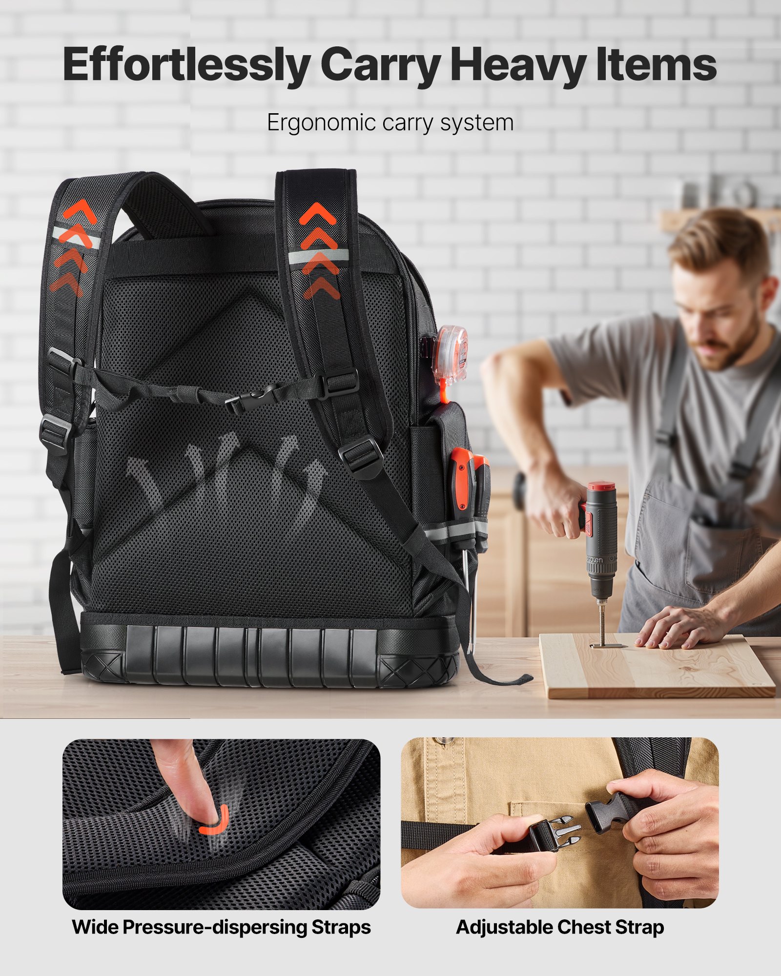 VEVOR Werkzeugrucksack, 64 Taschen, Werkzeug-Aufbewahrungs-Organizer, Backpack mit Laptopfach & geformtem Boden, Baustellenrucksack für Elektriker, Reparaturarbeiter & Heizungstechniker