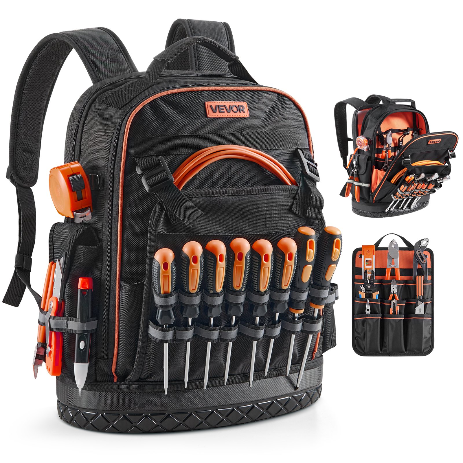 VEVOR Werkzeugrucksack, 64 Taschen, Werkzeug-Aufbewahrungs-Organizer, Backpack mit Laptopfach & geformtem Boden, Baustellenrucksack für Elektriker, Reparaturarbeiter & Heizungstechniker