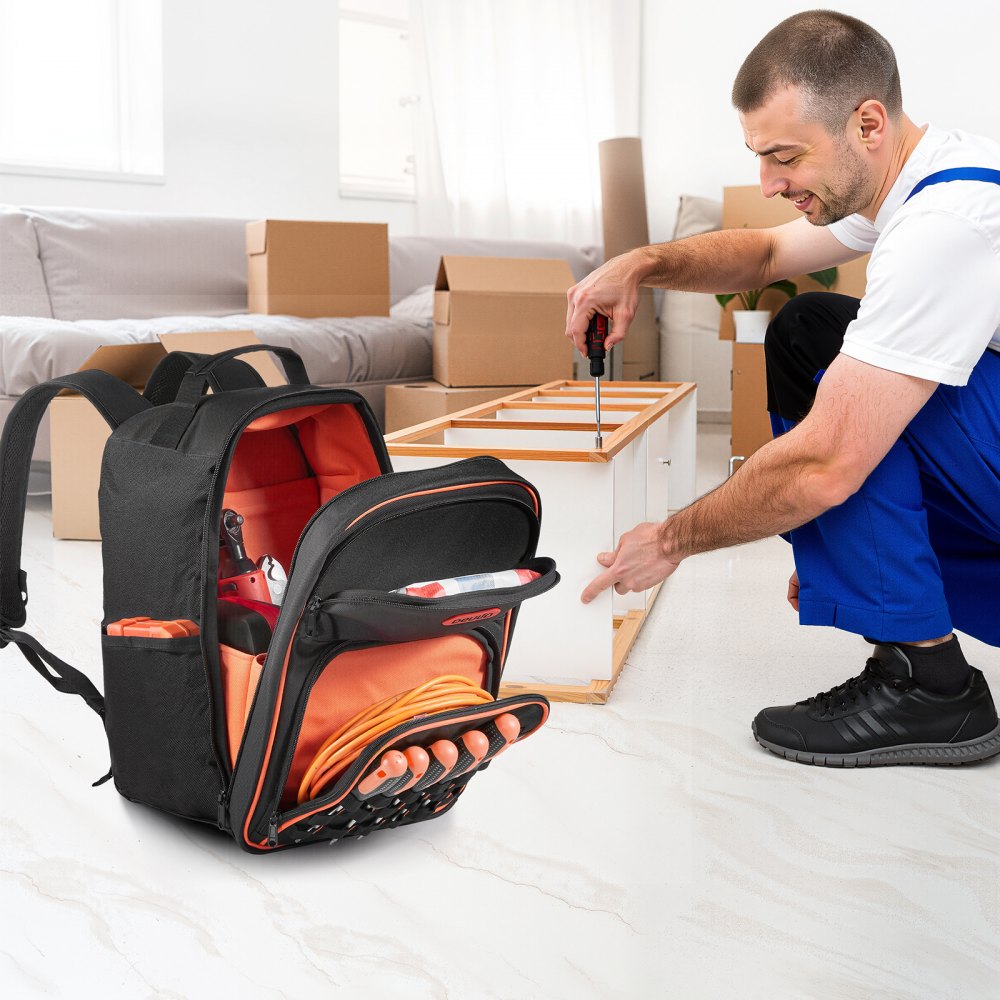 VEVOR Werkzeugrucksack, 49 Taschen, Werkzeug-Aufbewahrungs-Organizer, Backpack mit Laptopfach und verstärktem Stoffboden, Baustellenrucksack, Werkzeugtasche für Elektriker, Handwerker