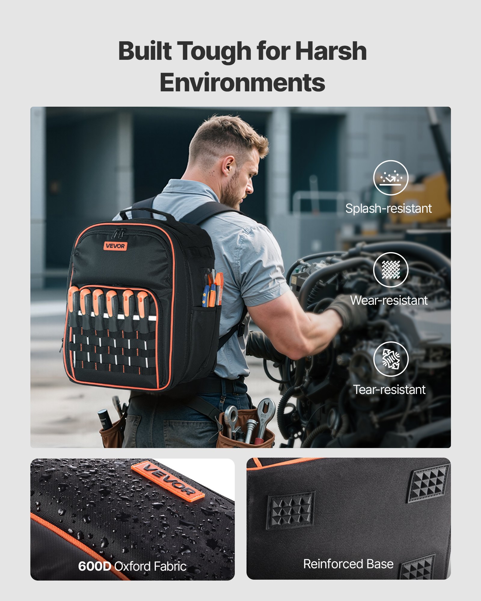 VEVOR Werkzeugrucksack, 49 Taschen, Werkzeug-Aufbewahrungs-Organizer, Backpack mit Laptopfach und verstärktem Stoffboden, Baustellenrucksack, Werkzeugtasche für Elektriker, Handwerker