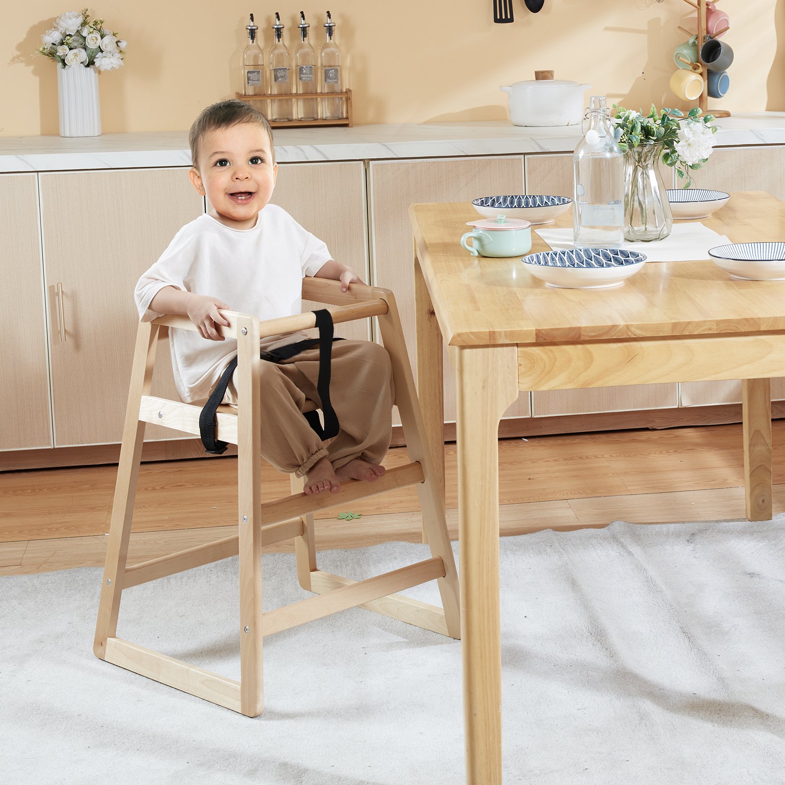 VEVOR Holzhochstuhl für Babys & Kleinkinder, Doppelter Massivholz-Fütterstuhl, 505 x 495 x 745 mm Tragbarer Kinderhochstuhl Babyhochstuhl, Babysitz Fütterungsstuhl für Küche, Wohnzimmer, Kinderzimmer