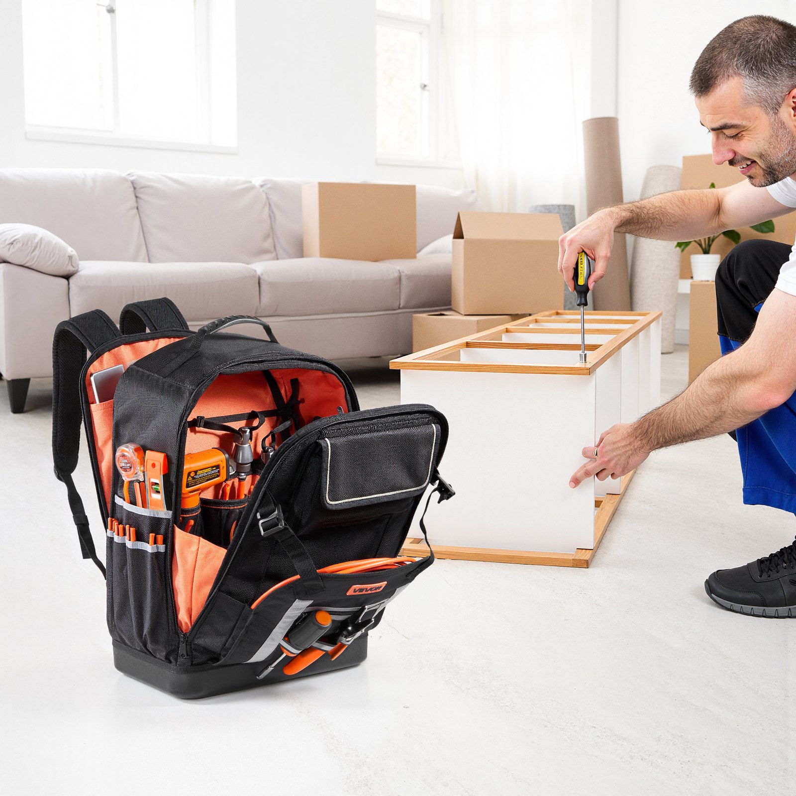 VEVOR Tool Backpack, 56 Pockets, Heavy-duty Tools Storage Organizer Bags with Molded Base, Electrician Jobsite Backpack for Construction Jobsite, Electrician, Industrial, Repairman, and HVAC Techs