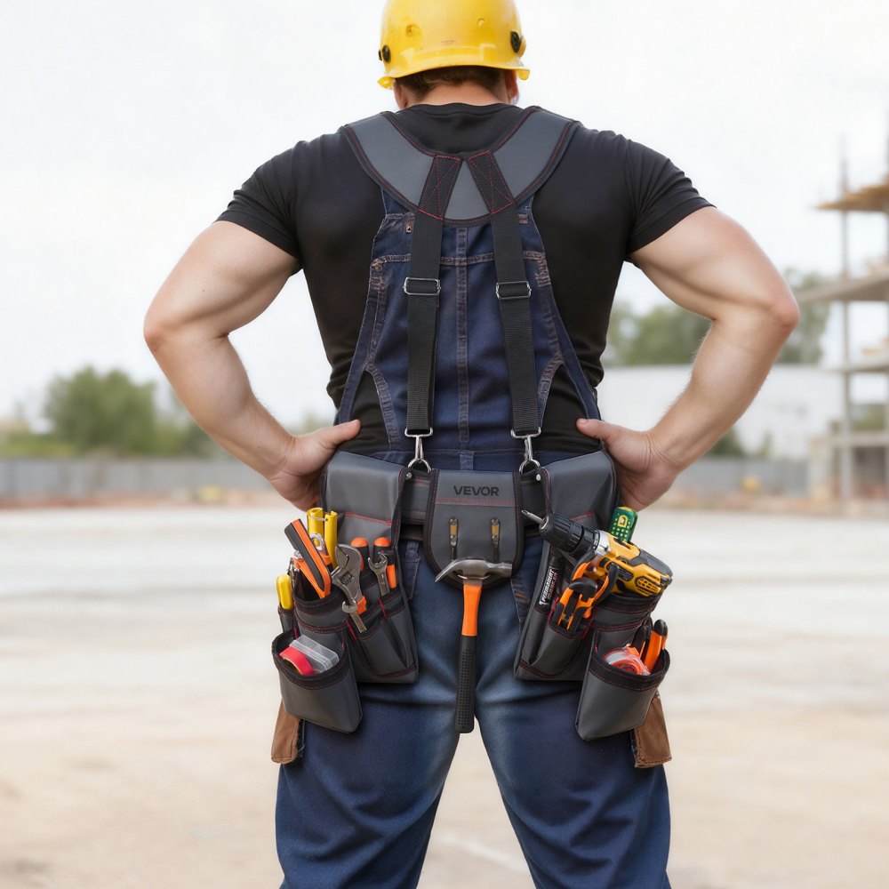 VEVOR Werkzeuggürtel, Handwerkergürtel mit 22 Taschen & Hosenträgernn, Gürteltasche für Elektriker, Schreiner & Bauarbeiter, Schürzenorganizer, Hammerhalter, verstellbar von 810 bis 1730 mm