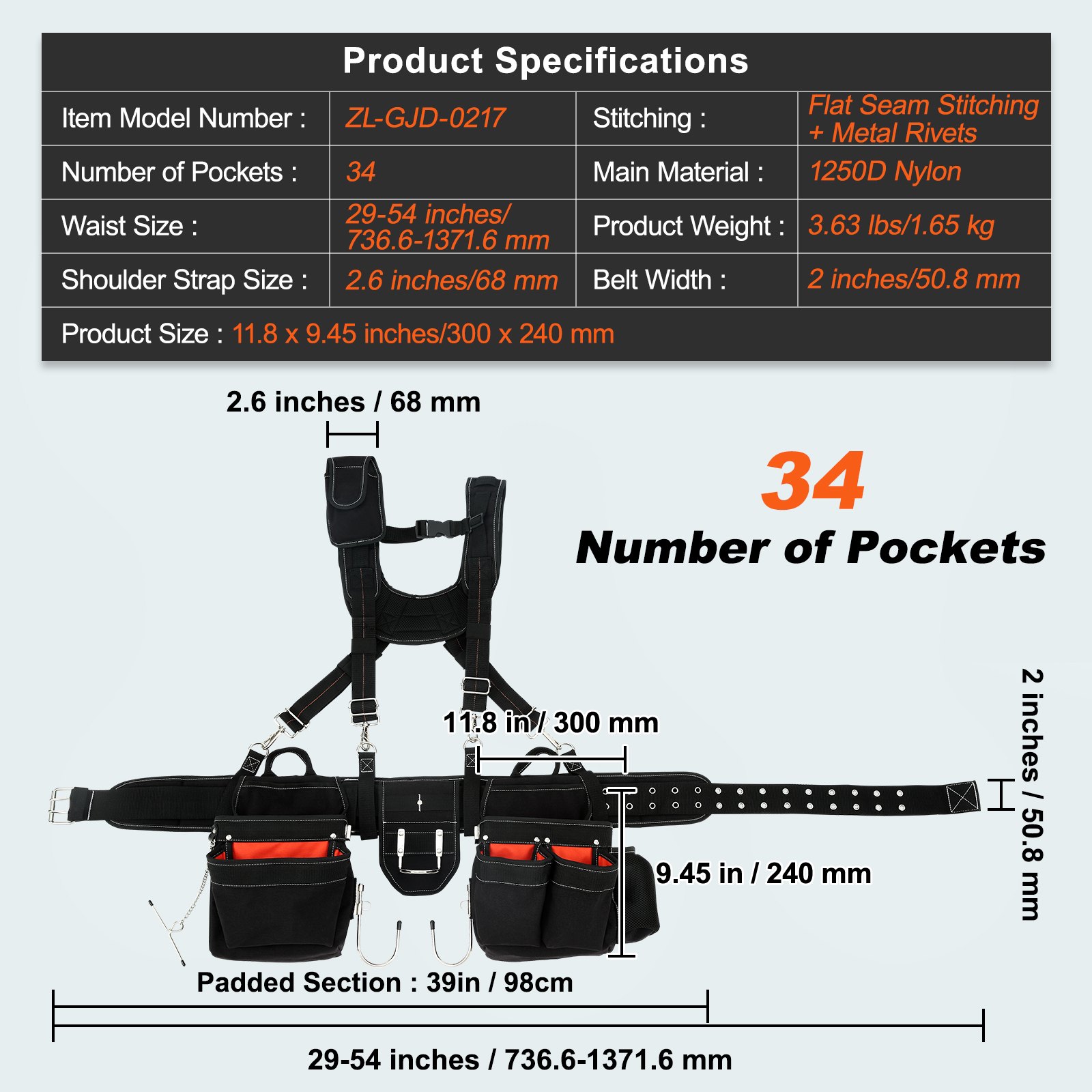 VEVOR Werkzeuggürtel 1250D Nylon mit 34 Taschen Forstgürtel 736,6–1371,6mm Taillenumfang 50,8mm Gürtelbreite Werkzeugtasche Gürtel für Handwerker Baumeister Elektriker Tischler