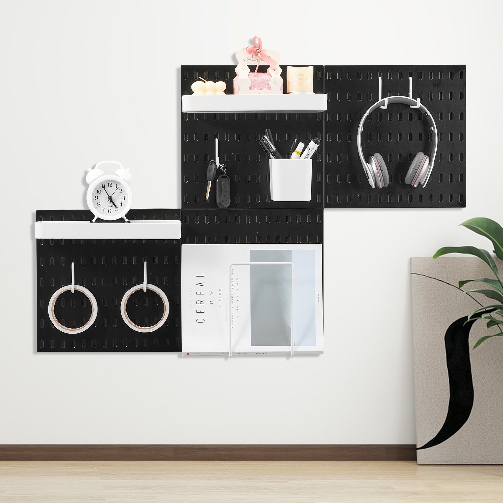 VEVOR Werkzeugwand, 28 x 28 cm, 4er-Set, Kunststoff-Stecktafel-Wand-Organizer-Set mit Zubehör, für Garage, Werkzeugaufbewahrung, Küche, Wohnzimmer, Bastelraum, Büro, Badezimmer, Zuhause, Schwarz