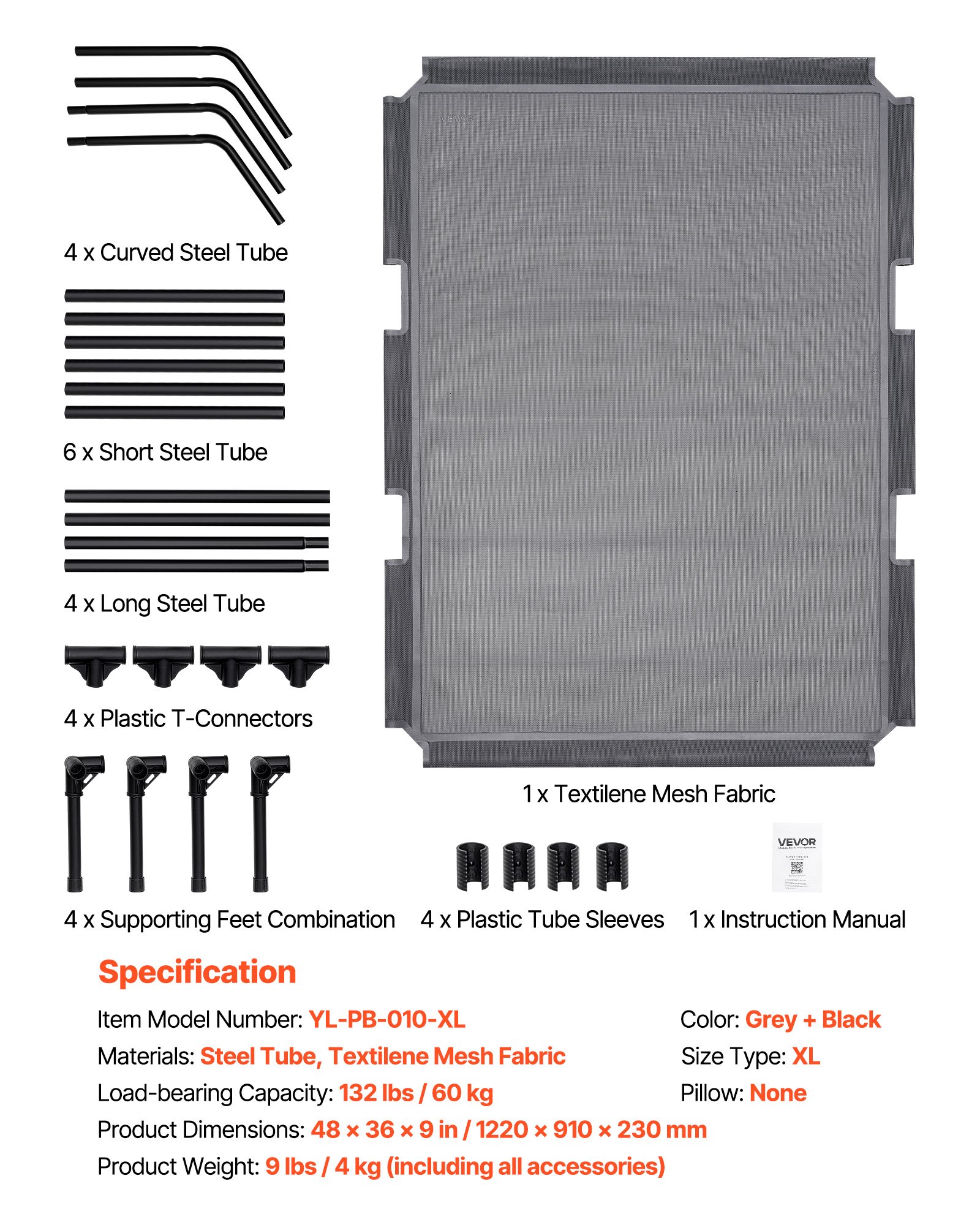 VEVOR erhöhtes Hundebett für große Hunde (bis zu 60 kg), tragbares erhöhtes Hundeliege mit atmungsaktivem Teslin-Netz, kühlendes Haustierbett im Innen- und Außenbereich XL Grau
