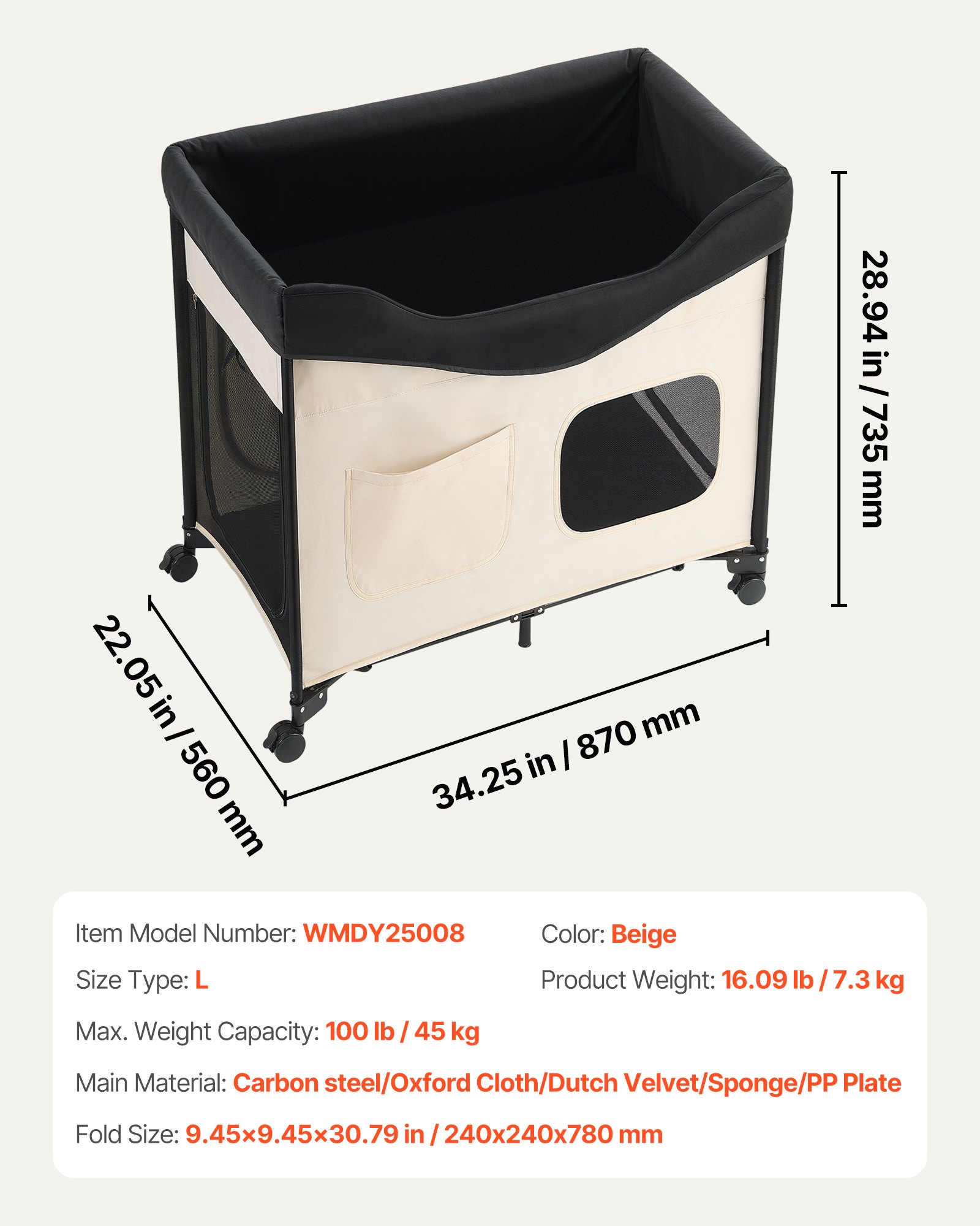 VEVOR erhöhtes Haustierbett (L), faltbare Hundeliege mit 600D Oxford-Stoff & holländischem Samt, tragbares erhöhtes Kinderbett mit Rädern & seitlichen Aufbewahrungstaschen & Tragetasche, Beige