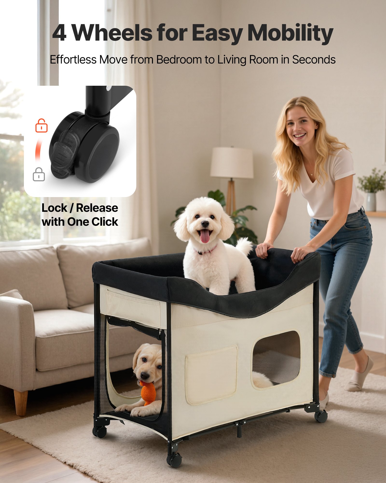 VEVOR Elevated Lounge Pet Bed, Foldable Bunk Dog Bed with 600D Oxford Cloth and Dutch Velvet, Portable Raised Cot with Wheels, Side Storage Bags, and Carry Bag for Cats & Dogs, L, Beige