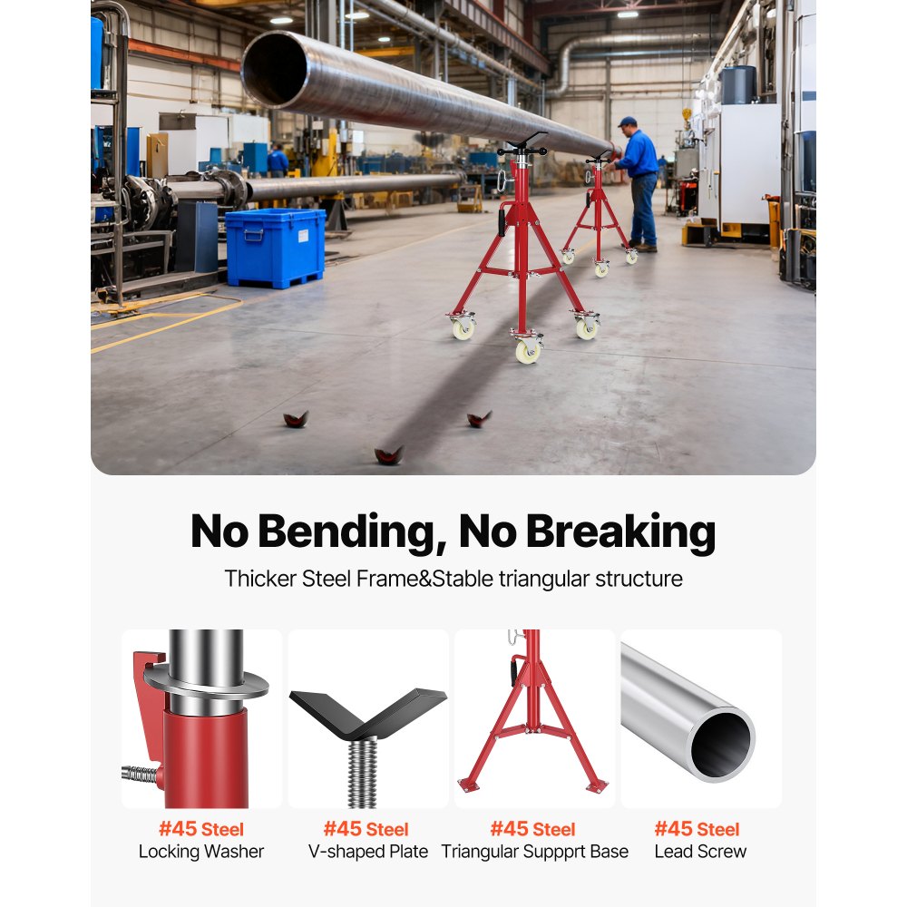 VEVOR Pipe Stand 400 kg Capacity, Pipe Support with 2-Ball Transfer V-Head, Pipe Stand Height Adjustable 20-37 Inches, Foldable Pipe Stand for Thread Cutting Machines Roll Grooves