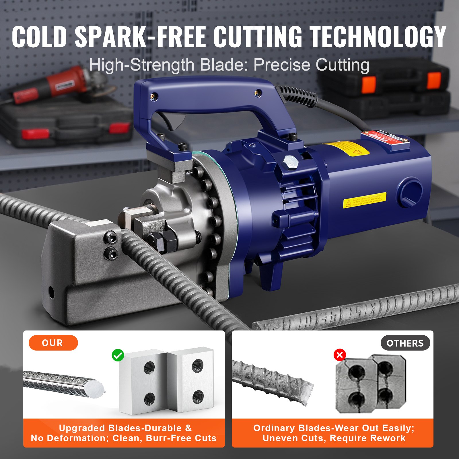VEVOR Elektrischer hydraulischer Bolzenschneider, 1700-W-Bewehrungsschneider, schneidet bis zu 5-25 mm Bewehrungsstahl in 4 Sekunden, Bewehrungsstahlschneider mit Werkzeugkoffer-Ölkanne, Schwarz-Blau