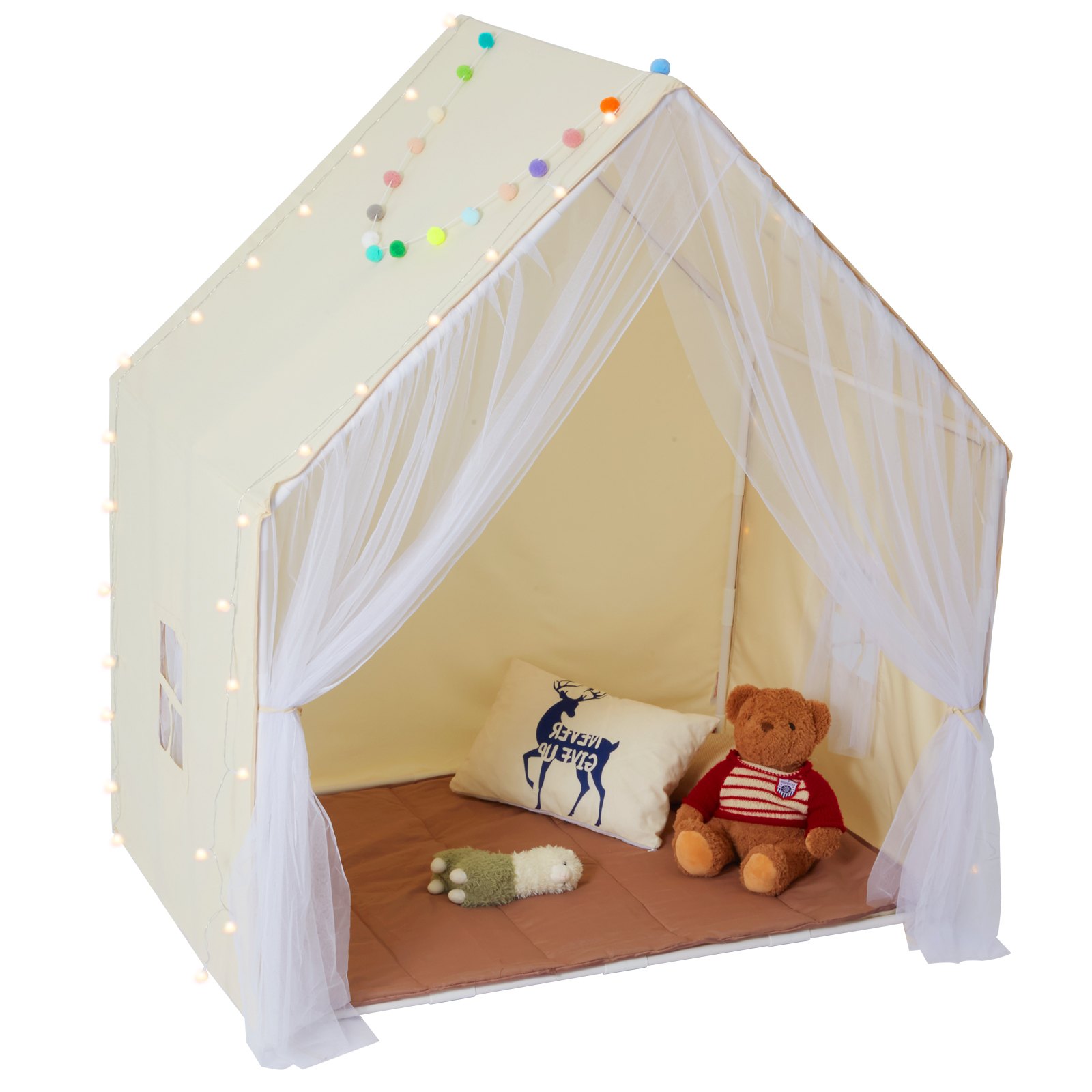 VEVOR Kinderspielzelt, Kinderzelt für Kinder von 1–5 Jahren, Kleinkinderzelt mit Matte und Zeltlampe, Zelt für Kinder mit Fenstern für drinnen und draußen, Jurtenzelt Beige 1 Tür 2 Fenster