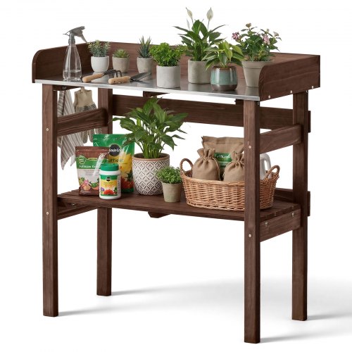 VEVOR Pflanztisch, Gärtnertisch, Gartenarbeitstisch mit Großer Holzplatte, Ablageflächen & Haken, Blumentisch, Outdoor Umtopftisch ideal für Terrasse,