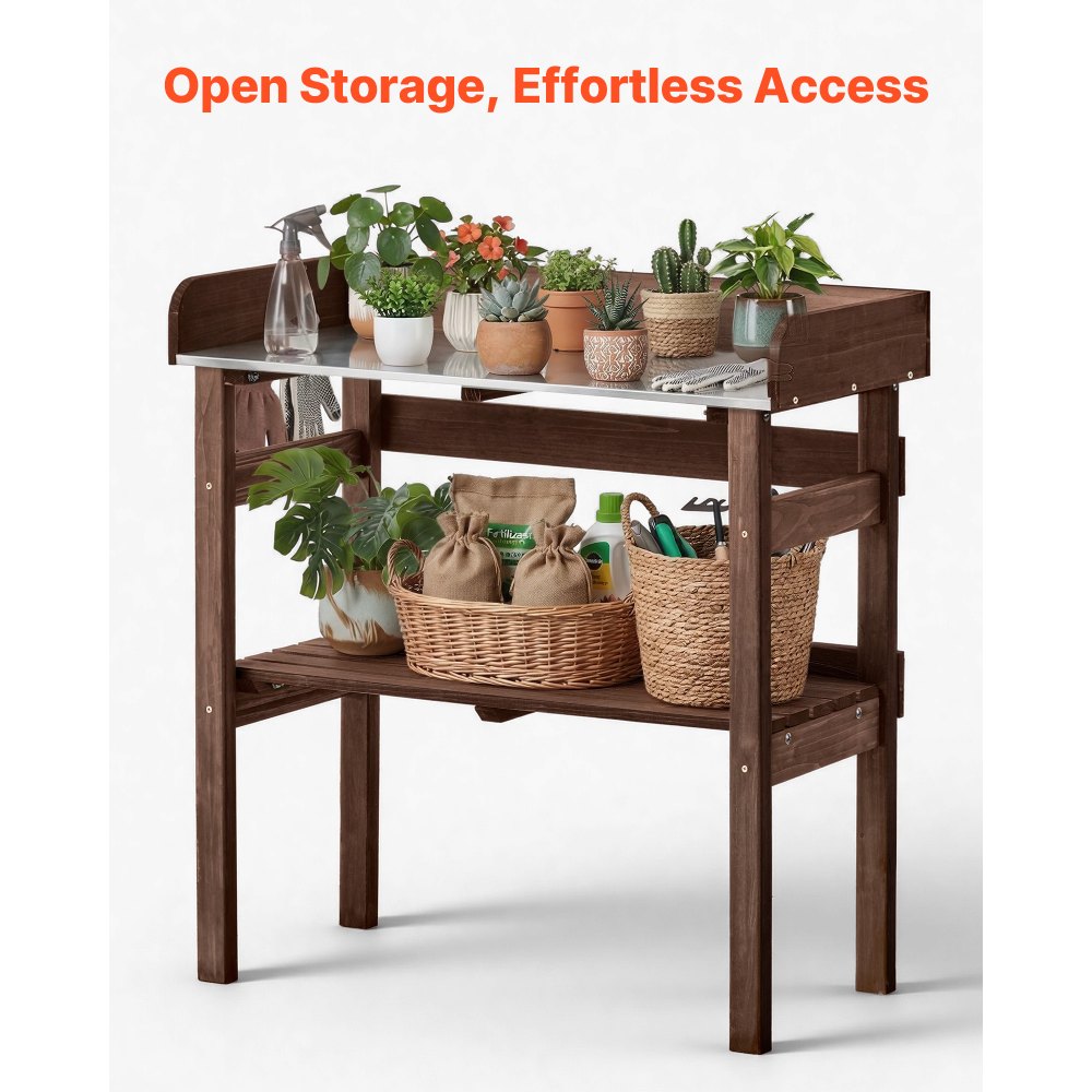 VEVOR Potting Bench Table, Outdoor Gardening Workstation with 78 x 38 cm Wood Tabletop, Storage Shelves, Hooks, Garden Planting Work Station for Outside Patio, Backyard, Balcony, Brown