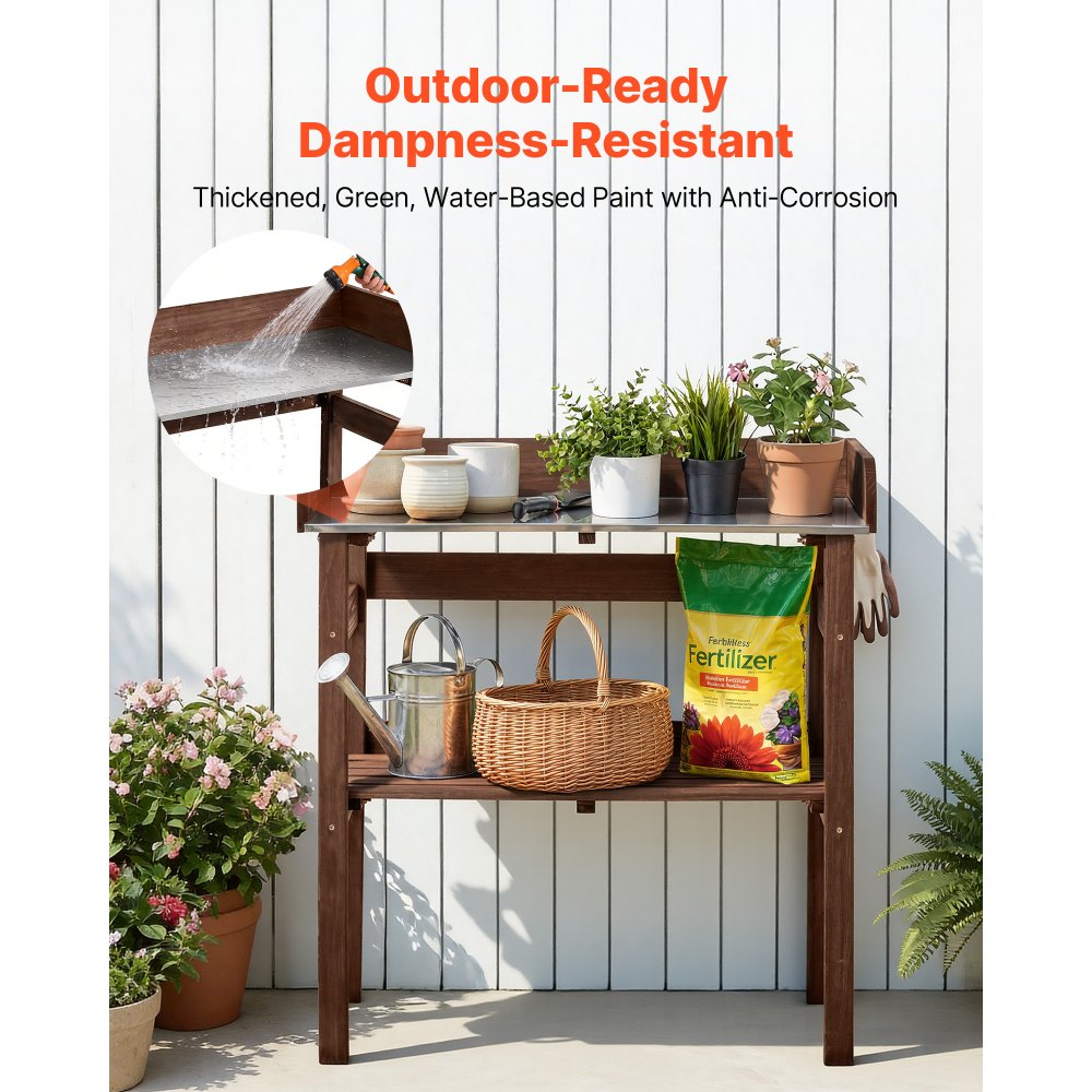VEVOR Potting Bench Table, Outdoor Gardening Workstation with 78 x 38 cm Wood Tabletop, Storage Shelves, Hooks, Garden Planting Work Station for Outside Patio, Backyard, Balcony, Brown