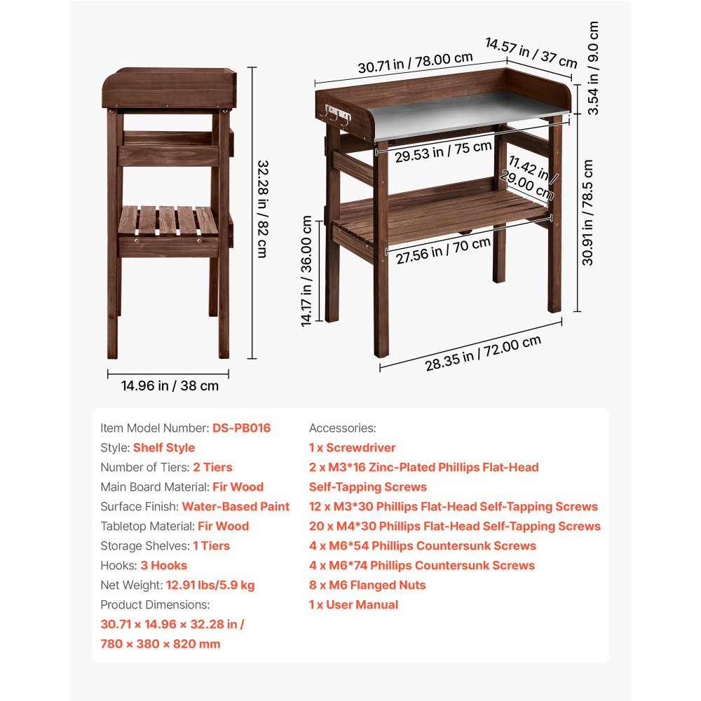 VEVOR Potting Bench Table, Outdoor Gardening Workstation with 78 x 38 cm Wood Tabletop, Storage Shelves, Hooks, Garden Planting Work Station for Outside Patio, Backyard, Balcony, Brown