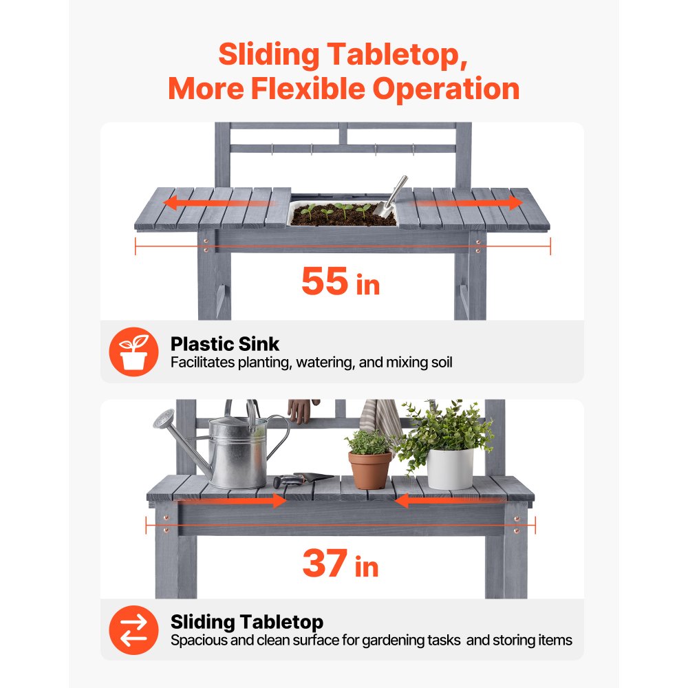 VEVOR Potting Bench Table, Outdoor Gardening Workstation with Sink, 94-140 cm Adjustable Wood Tabletop, Garden Work Station with Storage Shelves, Hooks for Patio, Backyard, Classic Grey
