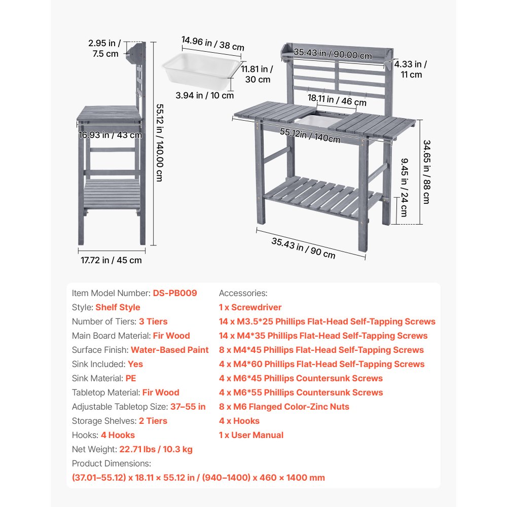 VEVOR Potting Bench Table, Outdoor Gardening Workstation with Sink, 94-140 cm Adjustable Wood Tabletop, Garden Work Station with Storage Shelves, Hooks for Patio, Backyard, Classic Grey