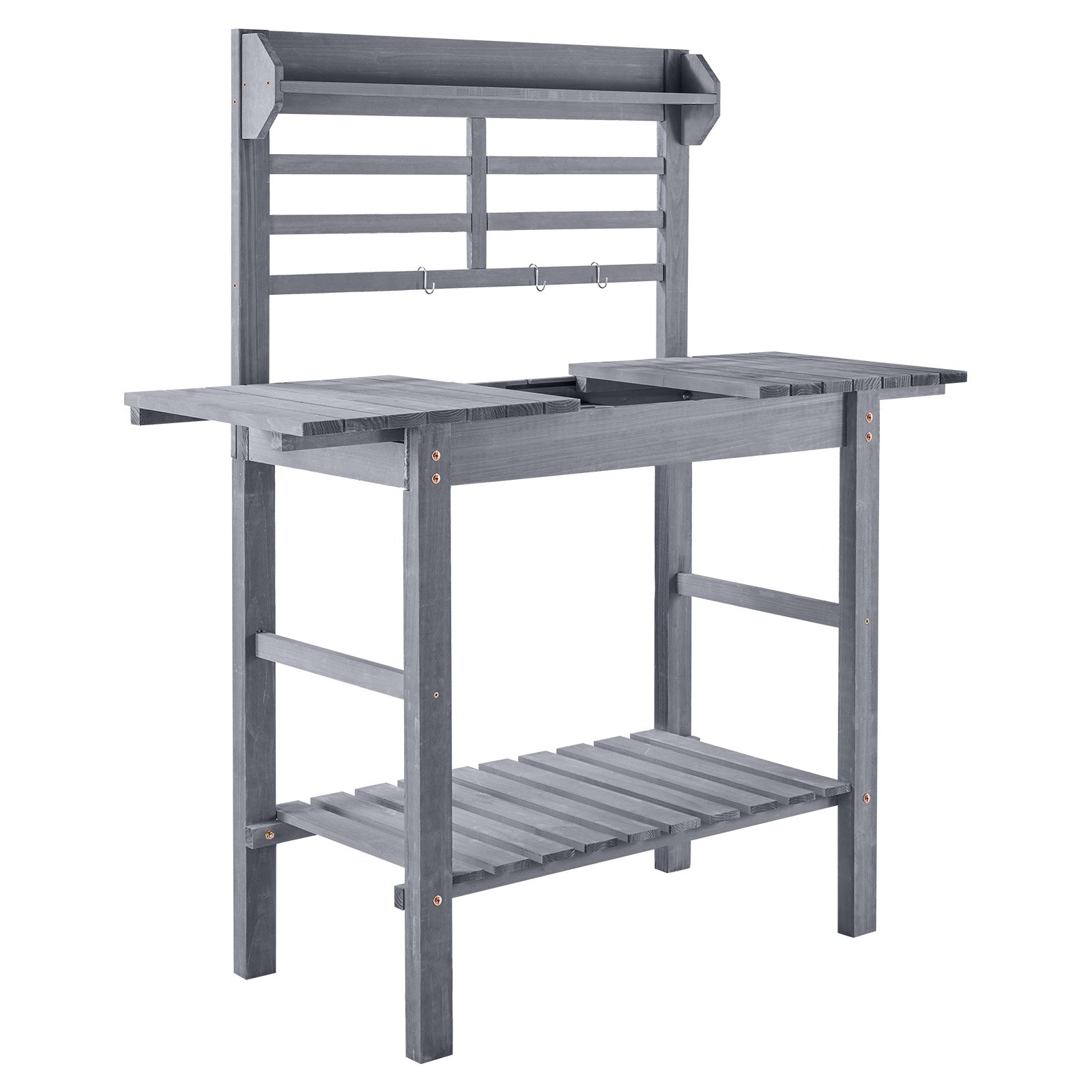 VEVOR Potting Bench Table, Outdoor Gardening Workstation with Sink, 94-140 cm Adjustable Wood Tabletop, Garden Work Station with Storage Shelves, Hooks for Patio, Backyard, Classic Grey