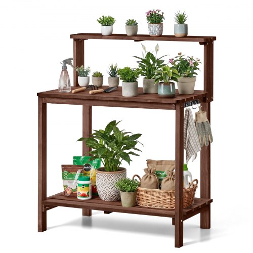 VEVOR Pflanztisch, Gärtnertisch, Gartenarbeitstisch mit Großer Holzplatte, Ablageflächen & Haken, Blumentisch, Outdoor Umtopftisch für Terrasse &