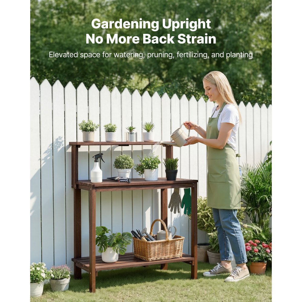 VEVOR Potting Bench Table, Outdoor Gardening Workstation with 91 x 49.5 cm Wood Tabletop, Garden Planting Work Station with Storage Shelves, Hook for Outside Patio, Backyard, Brown