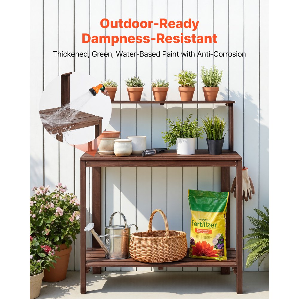 VEVOR Potting Bench Table, Outdoor Gardening Workstation with 91 x 49.5 cm Wood Tabletop, Garden Planting Work Station with Storage Shelves, Hook for Outside Patio, Backyard, Brown