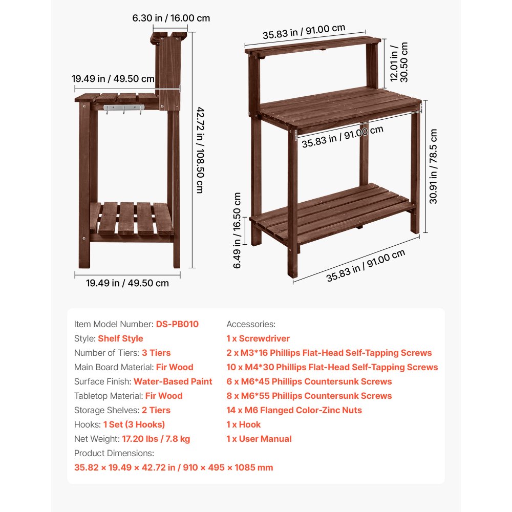 VEVOR Potting Bench Table, Outdoor Gardening Workstation with 91 x 49.5 cm Wood Tabletop, Garden Planting Work Station with Storage Shelves, Hook for Outside Patio, Backyard, Brown
