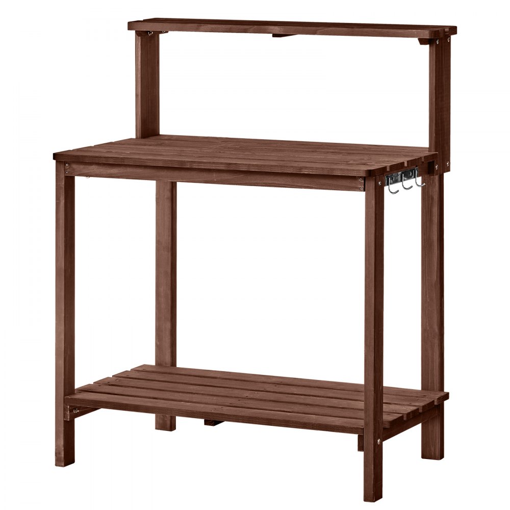 VEVOR Potting Bench Table, Outdoor Gardening Workstation with 91 x 49.5 cm Wood Tabletop, Garden Planting Work Station with Storage Shelves, Hook for Outside Patio, Backyard, Brown