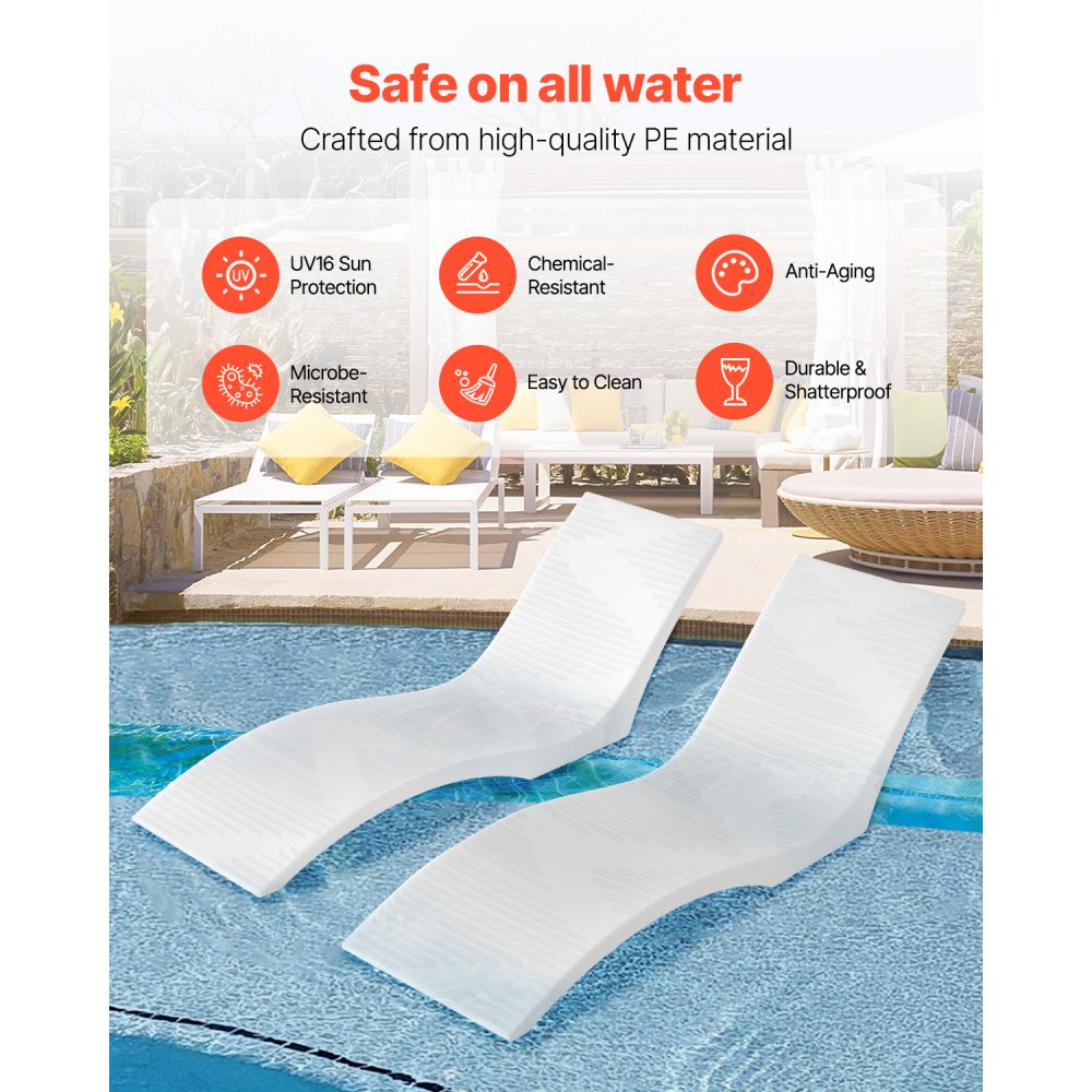 VEVOR Liegestühle 2 Stk. Chaiselongue Liegestühle für den Innenbereich des Pools für Wassertiefen bis zu 12,7 cm, im Pool befestigt und auf dem Wasser schwimmend, geeignet für alle Pooltypen