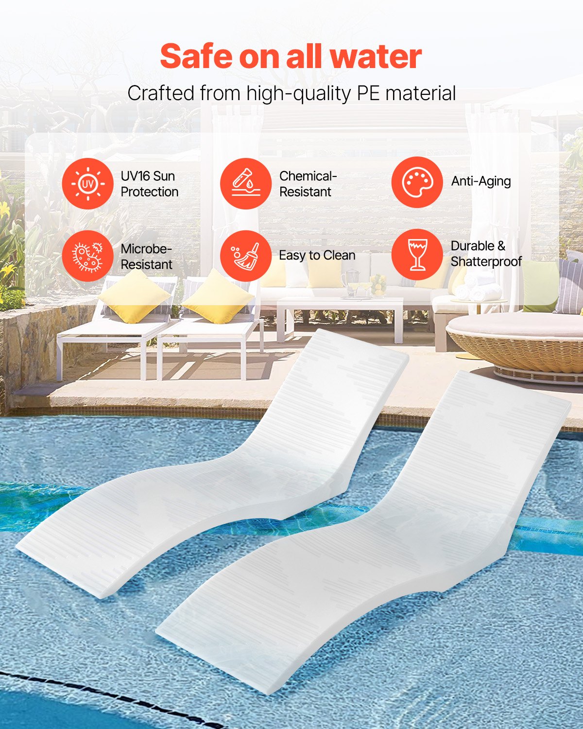 VEVOR Liegestühle 2 Stk. Chaiselongue Liegestühle für den Innenbereich des Pools für Wassertiefen bis zu 12,7 cm, im Pool befestigt und auf dem Wasser schwimmend, geeignet für alle Pooltypen