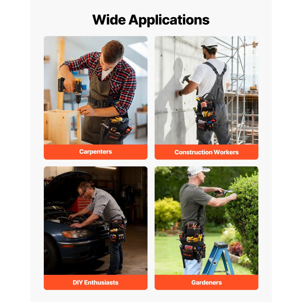 VEVOR Werkzeuggürtel, 14 Taschen, Handwerkergürtel, Arbeitsgürtel für Elektriker, Schreiner & Bauarbeiter, Hammerhalter, Werkzeughalter, Schürzenorganizer geeignet, verstellbar von 830–1270 mm