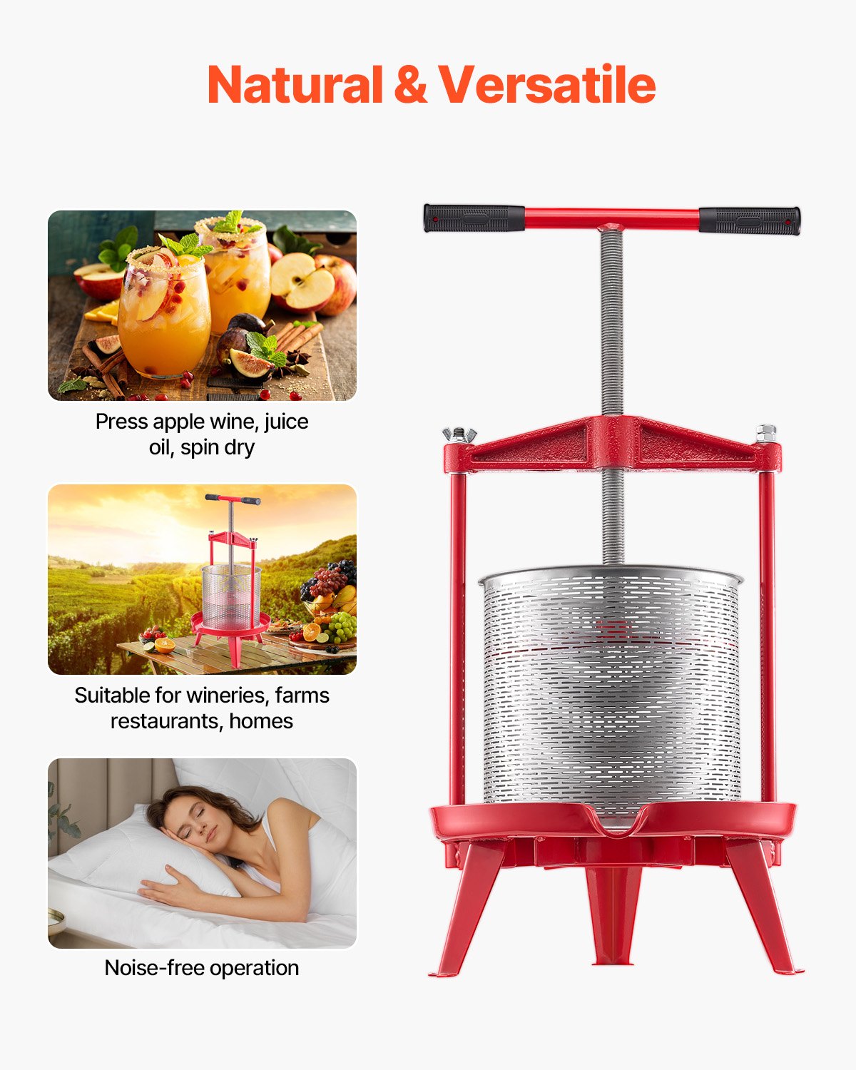 VEVOR Obstweinpresse Obstmühle Apfelmühle (14 L), Edelstahlkorb mit dreieckiger Struktur, manueller Entsafter, manuelles Mahlwerk, Apfelweinpresse Traubenpresse mit T-Griff für Küche Zuhause