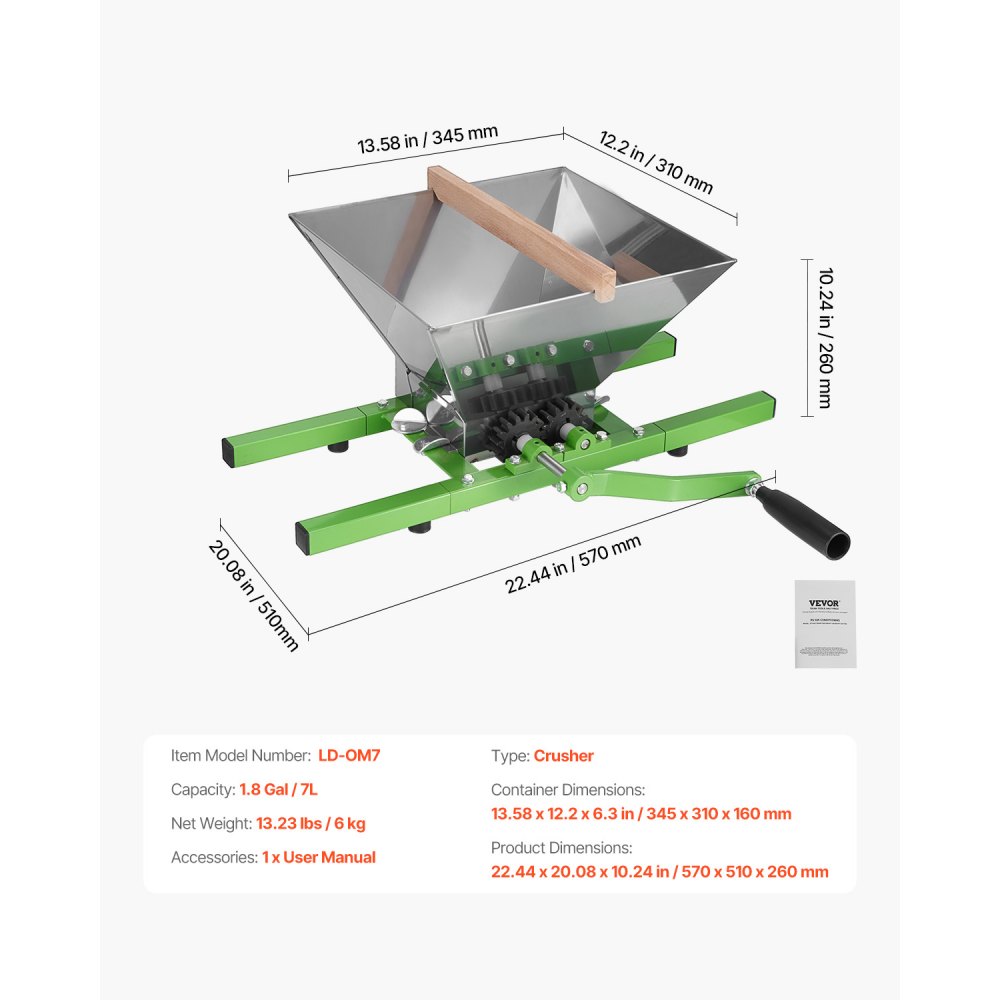 VEVOR 7 L Obstmühle Apfelmühle, große manuelle Mühle, Apfelpresse aus Edelstahl für Wein Apfelwein, manuelles Mahlwerk, Zerkleinerer Handmühle mit Rollengriff für Küche und Zuhause, grün