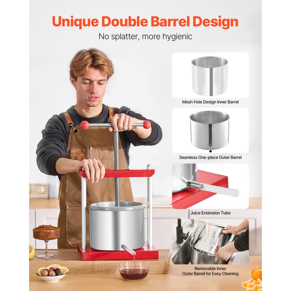 VEVOR Obstweinpresse Obstmühle Apfelmühle (6 L) mit 2 Edelstahlfässer, manueller Entsafter, Apfelweinpresse Apfelpresse Traubenpresse Olivenölpresse Saftpresse mit T-Griff für Küche Zuhause