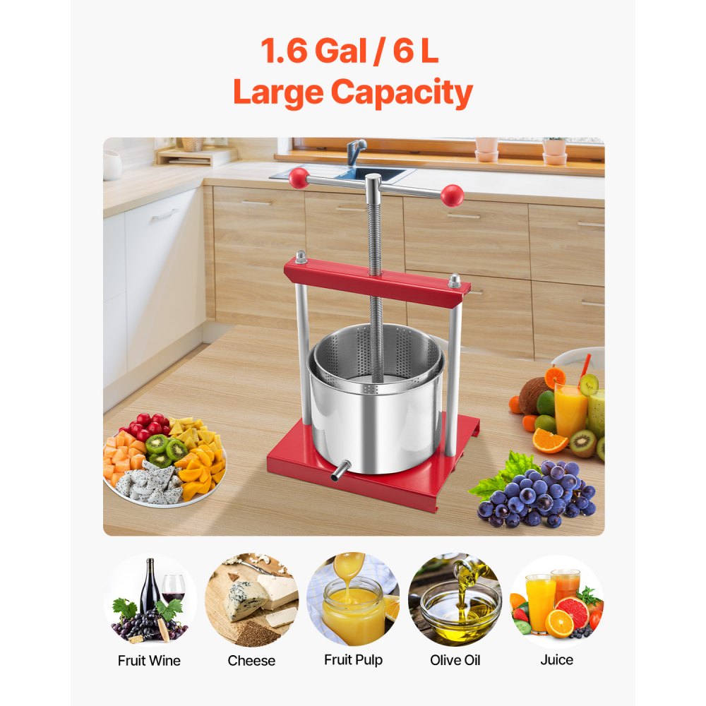 VEVOR Obstweinpresse Obstmühle Apfelmühle (6 L) mit 2 Edelstahlfässer, manueller Entsafter, Apfelweinpresse Apfelpresse Traubenpresse Olivenölpresse Saftpresse mit T-Griff für Küche Zuhause