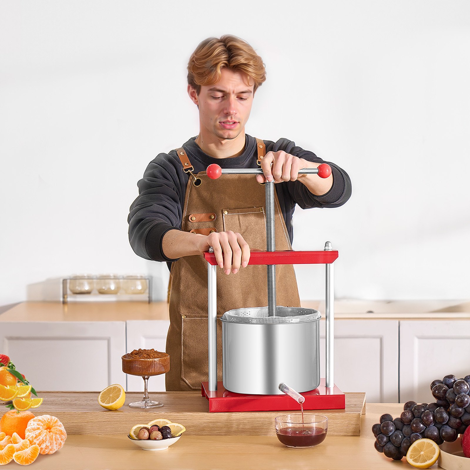 VEVOR Obstweinpresse Obstmühle Apfelmühle (6 L) mit 2 Edelstahlfässer, manueller Entsafter, Apfelweinpresse Apfelpresse Traubenpresse Olivenölpresse Saftpresse mit T-Griff für Küche Zuhause