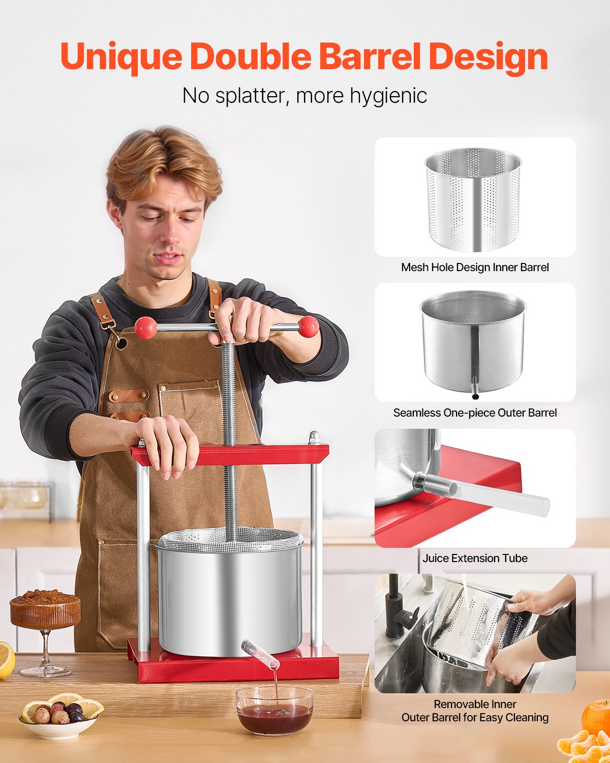 VEVOR Obstweinpresse Obstmühle Apfelmühle (6 L) mit 2 Edelstahlfässer, manueller Entsafter, Apfelweinpresse Apfelpresse Traubenpresse Olivenölpresse Saftpresse mit T-Griff für Küche Zuhause