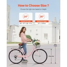 VEVOR Cruiser Fahrrad mit 7 Gängen (Reifendurchmesser 660,4 mm) Beach Fahrrad mit großem Korb & Gepäckträger, Cruiser-Fahrrad mit verstellbarem Sitz, für Radfahren Trainieren & Einkaufen Rosa