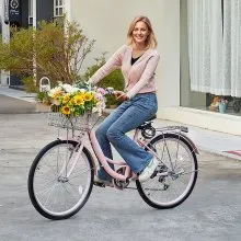 VEVOR Cruiser Fahrrad mit 7 Gängen (Reifendurchmesser 660,4 mm) Beach Fahrrad mit großem Korb & Gepäckträger, Cruiser-Fahrrad mit verstellbarem Sitz, für Radfahren Trainieren & Einkaufen Rosa